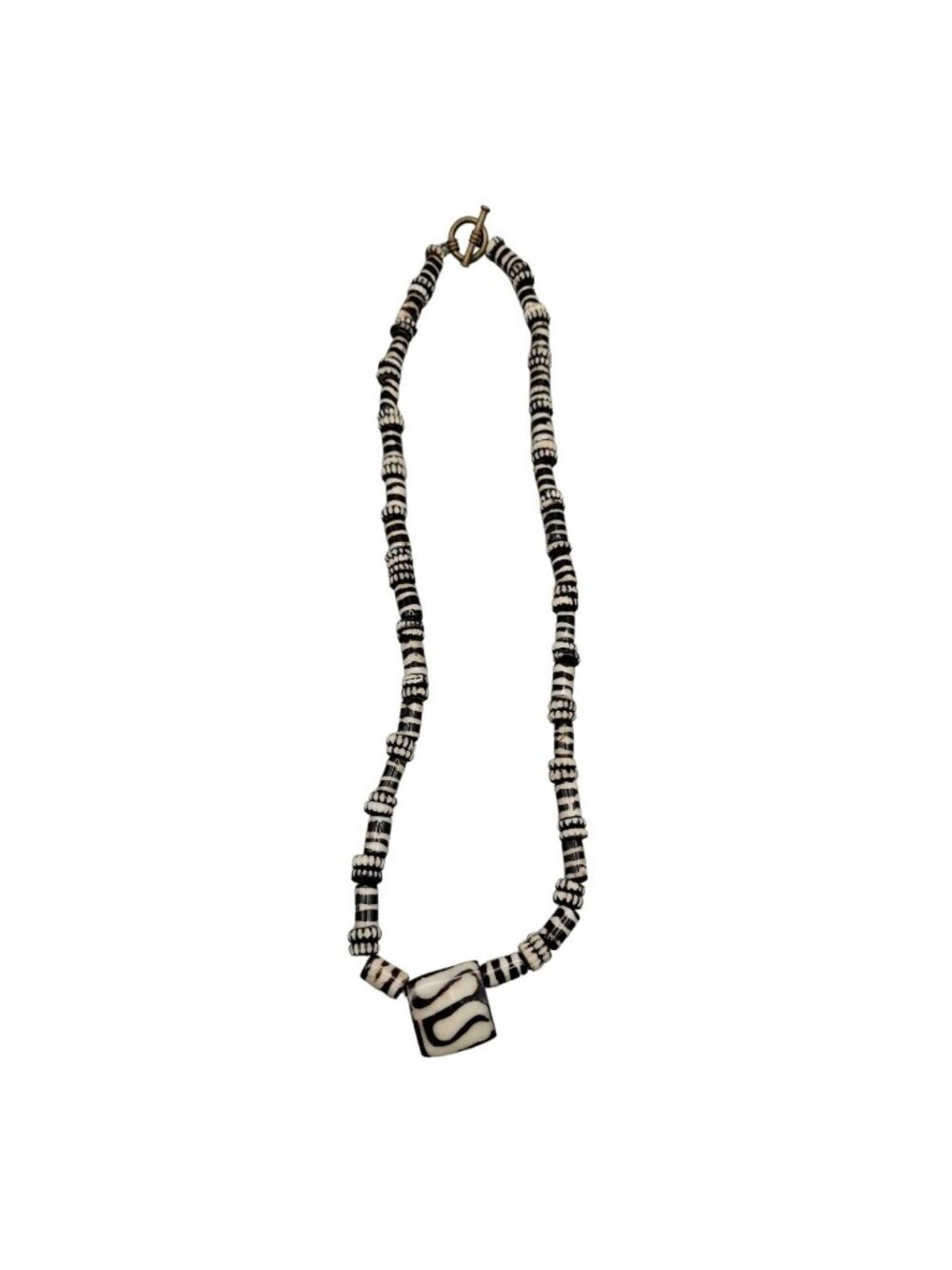 Chevron Zebra Striped Pendant Necklace 23" Tube & Disc Glass Beaded Chain VTG